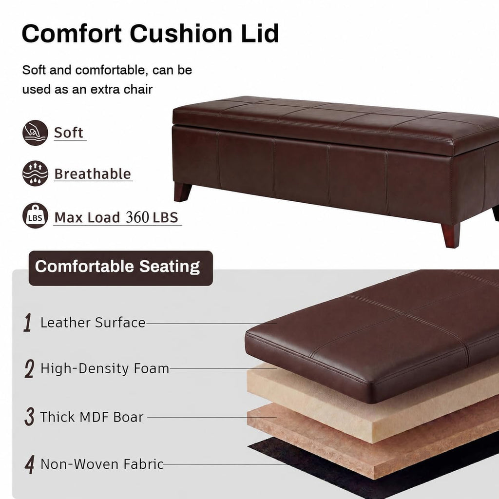 Brown Ottoman with Storage 51" Faux Leather Storage Ottoman