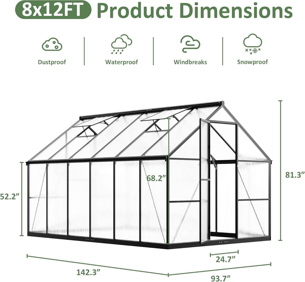 8x12 FT Outdoor Walk-in Polycarbonate Greenhouse
