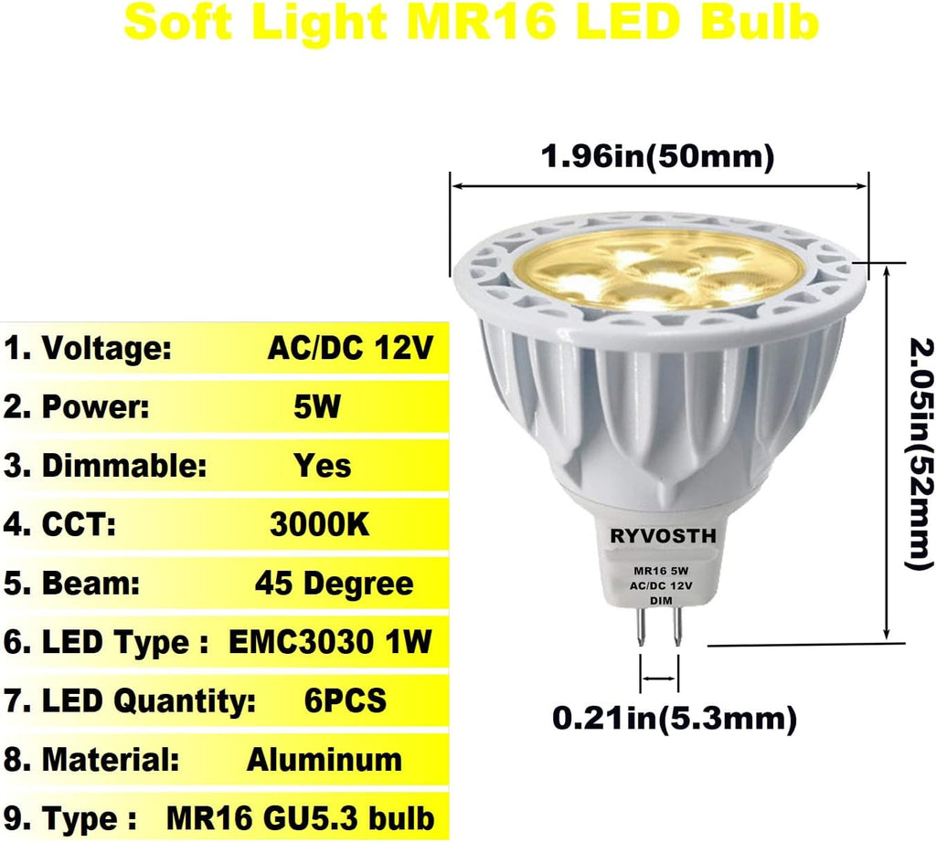 MR16 Led Bulbs 5.5W Replace 35W 50W Halogen Equivalent,3000K Soft Warm White,12V Low Voltage MR16 GU5.3 Bulb