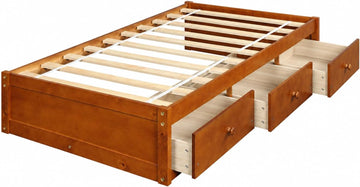 Twin Size Japanese Wood Bed Frame with 3 Storage Drawers (Oak)
