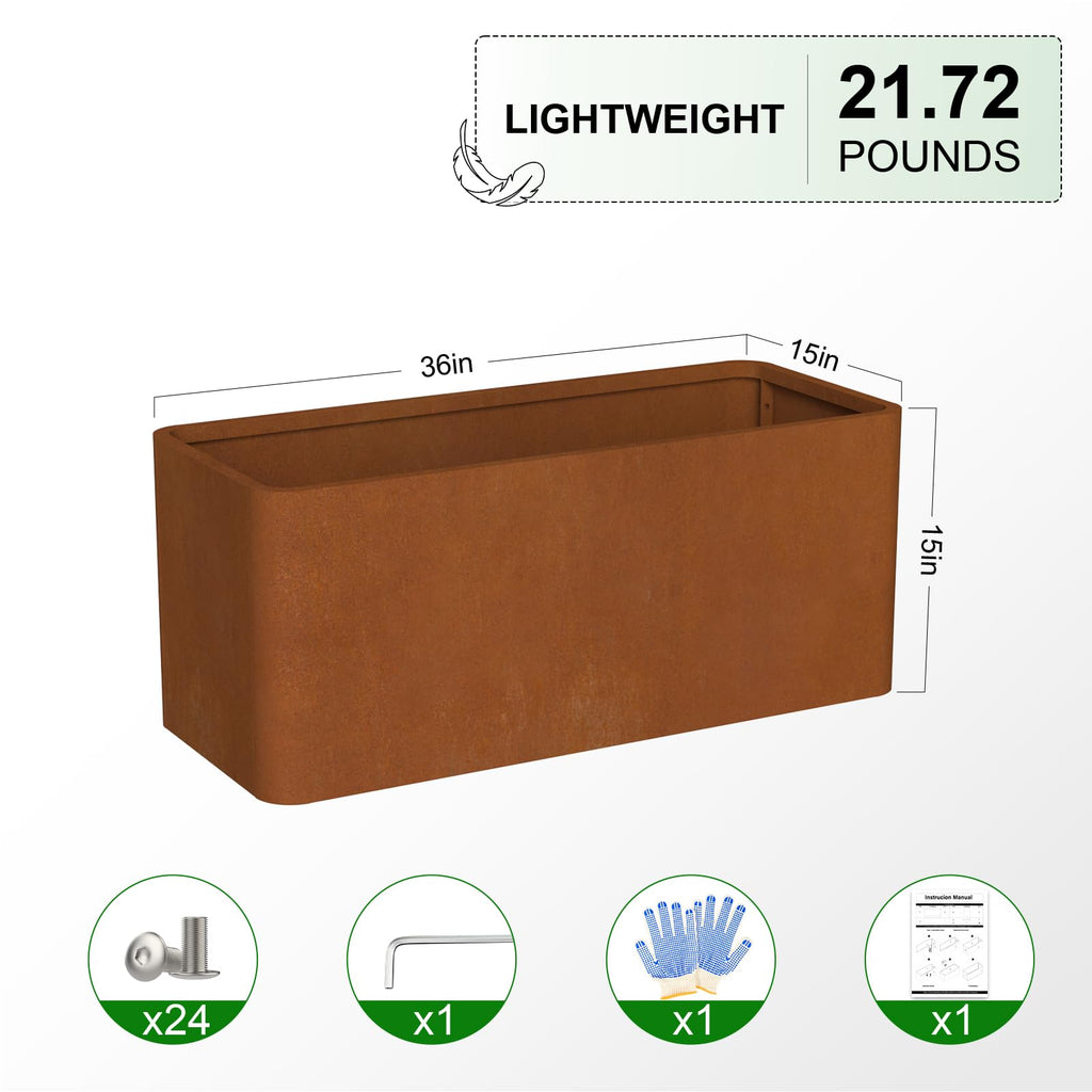 Cor-ten Steel Planters 36" L x 15" W x 15" H, Rectangular Outdoor Planters