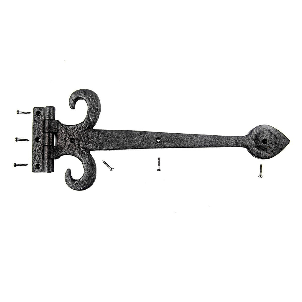 Black Wrought Iron Strap Hinge 15.5" Fleur De Lis Style Flush Mount Heavy Duty Spade Tip Strap Gate and Door Hinges