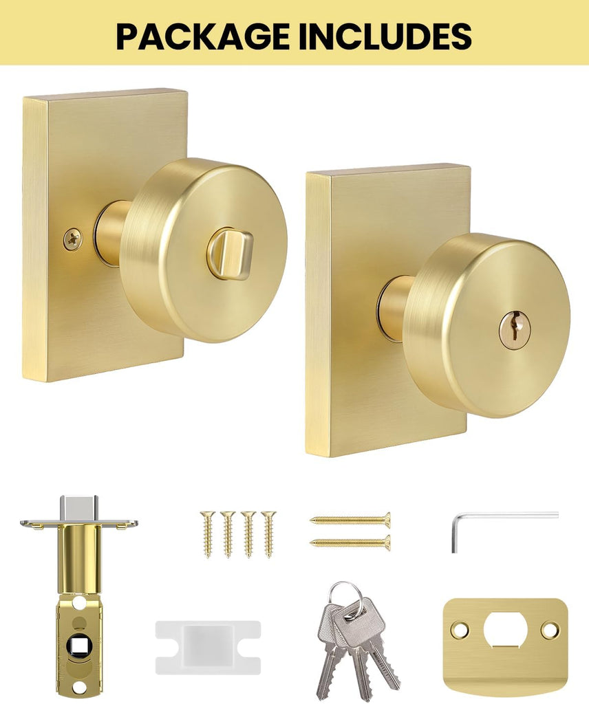 Brushed Gold Satin Brass Exterior Door Knobs with Lock and Key