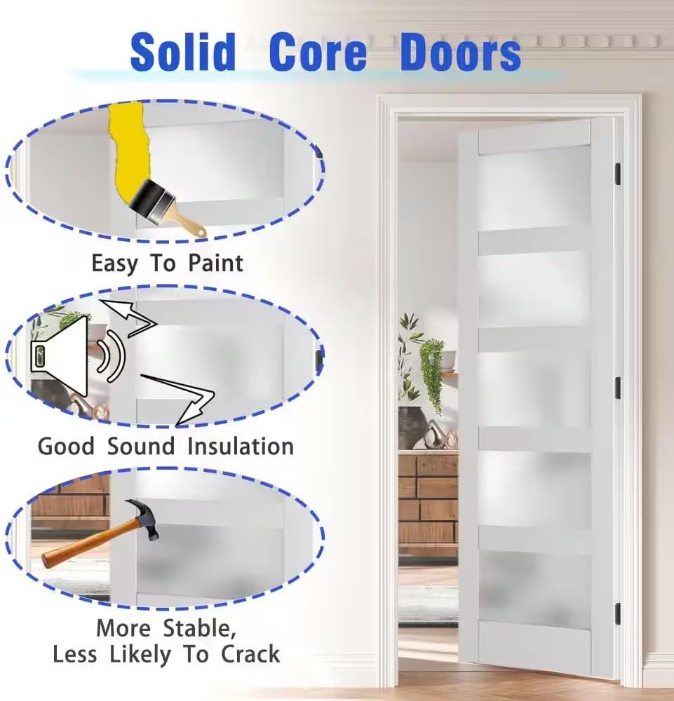 Prehung Interior Door, 32" x 80", 5-Lite Frosted Glass, Prehung Door, Right-Handed, White MDF with Door Jamb & Hardware Kit