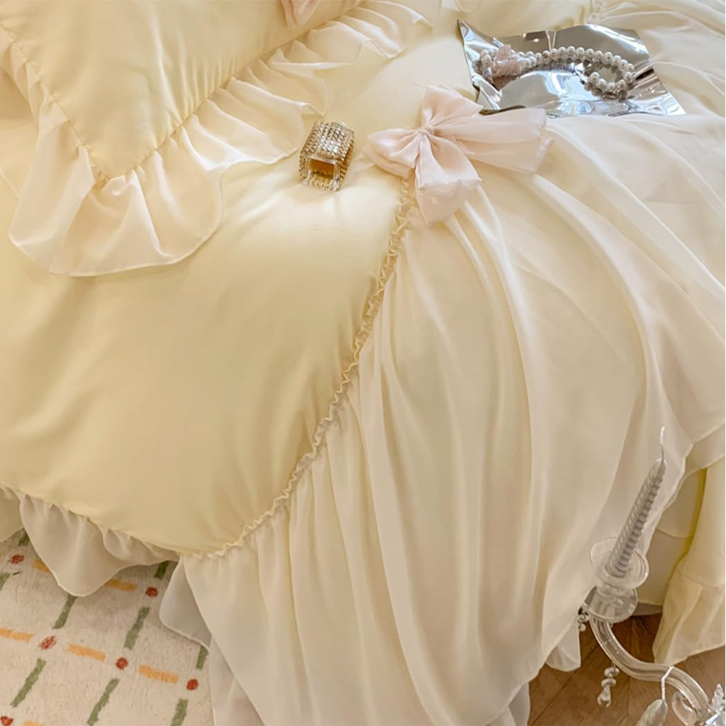 Ruffled Bedding Bow Duvet Cover Set with Butterfly Tie, Comforter Cover Set, Shabby Chic Bedding Set, Romantic