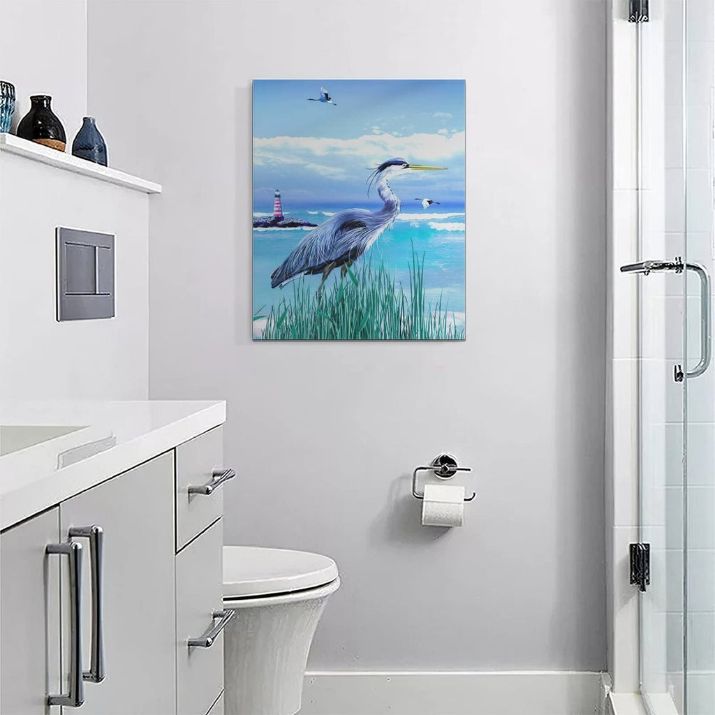 Coastal Bathroom Wall Art Sea Bird Wall Decor Blue Heron Pictures Ocean Beach Lighthouse Canvas Painting Print