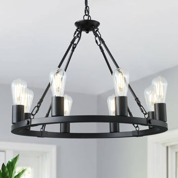 Inspired Camino Style Chandelier - 8 Lights Wagon Wheel Chandelier, Black Kitchen Island Lighting Fixture Round Metal Industrial Farmhouse Dining Room Pendant Light for Living Room Foyer Entryway,E26 Socket, 23.6". Height Adjustable A105-B0D78CXHYK