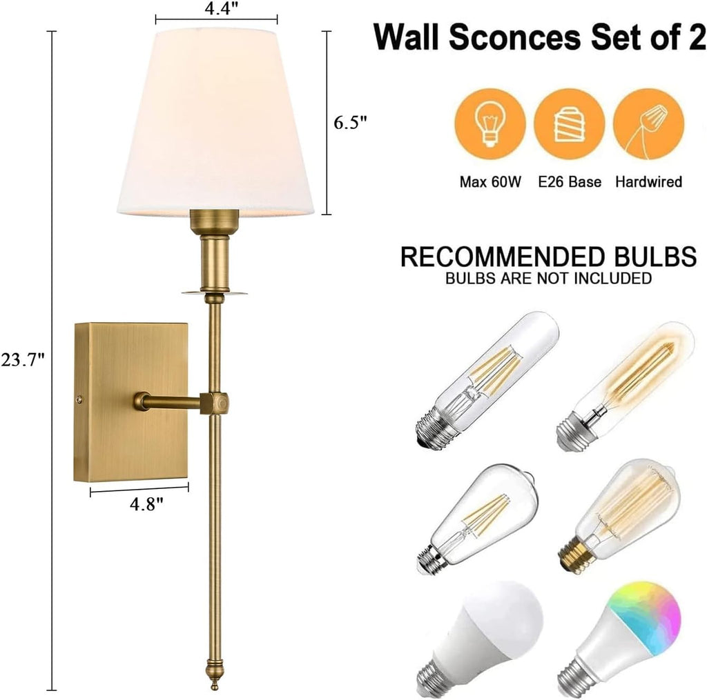 Hardwired Wall Sconces Set of 2 - Professional Installation Required - White Fabric Shade Indoor Wall Lamp Column