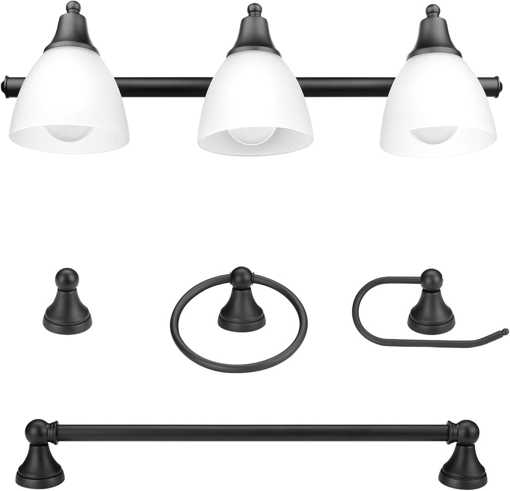 Jayden 5-Piece All-In-One Bathroom Set, Oil Rubbed Bronze, 3-Light Vanity Light with Frosted Glass Shades, Towel Bar