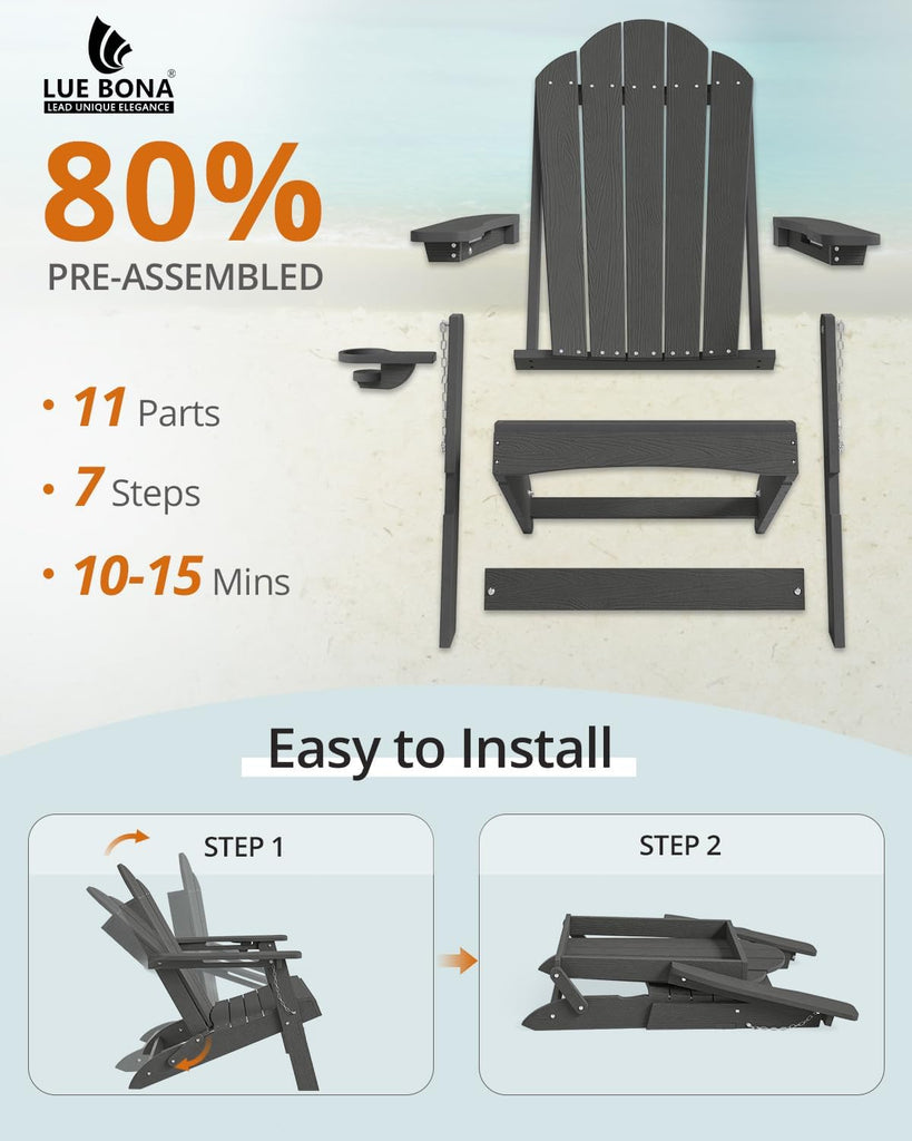 HDPE Folding Adirondack Chair, Cup Holder, Set of 2, Black | HDPE poly lumber, folable, all-weather resistant, Low