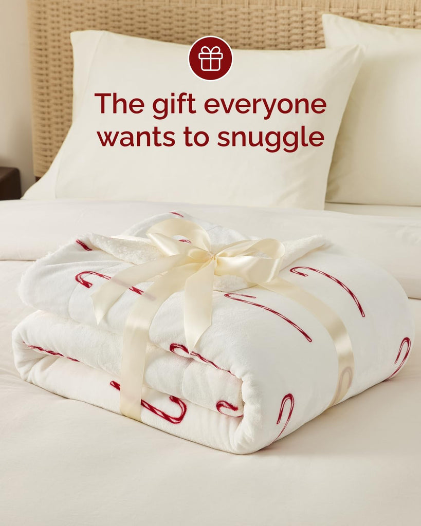 Christmas Sherpa Blanket Throw Size, Reversible Blanket - Candy Cane, 50x60