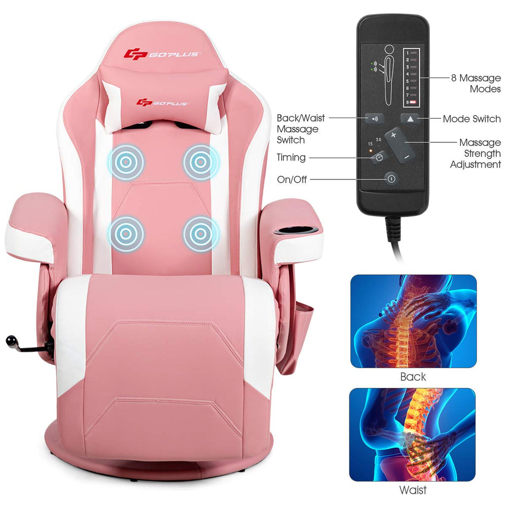 Pink Massage Gaming Chair, Racing Style Gaming Recliner w/Adjustable Backrest and Footrest, Ergonomic High Back PU