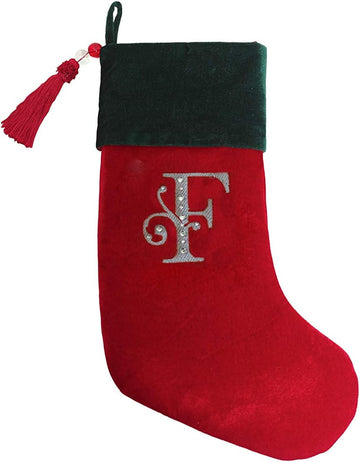 Christmas Stocking Red & Green Velvet with Tassel, Rhinestone Monogram (F)