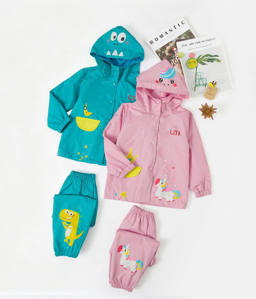 Toddler Kids Rain Suit Waterproof Rain Coat Hooded Jacket & Pants 2Pcs