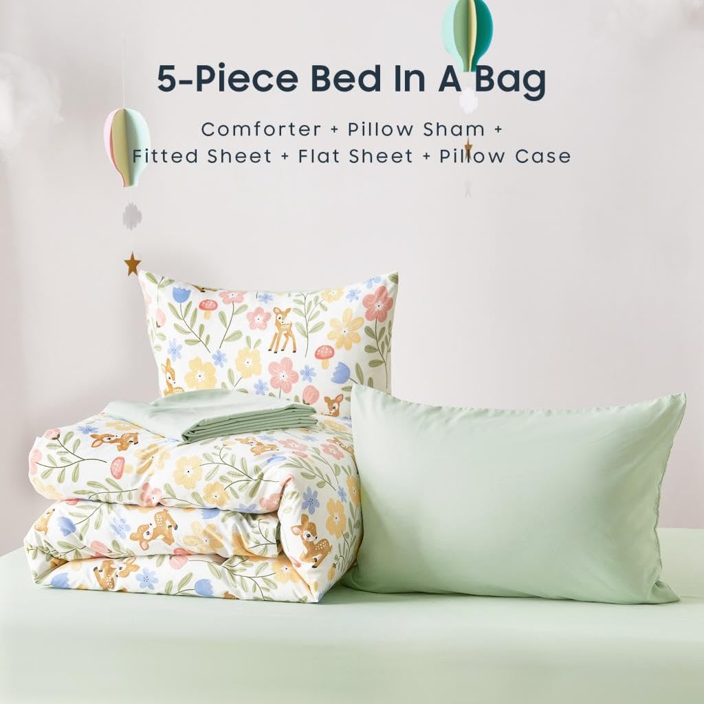 Floral Bedding Set for Girls, Cute Colorful Botanical Flowers Deers Patterned Soft Lightweight Comforter Set with