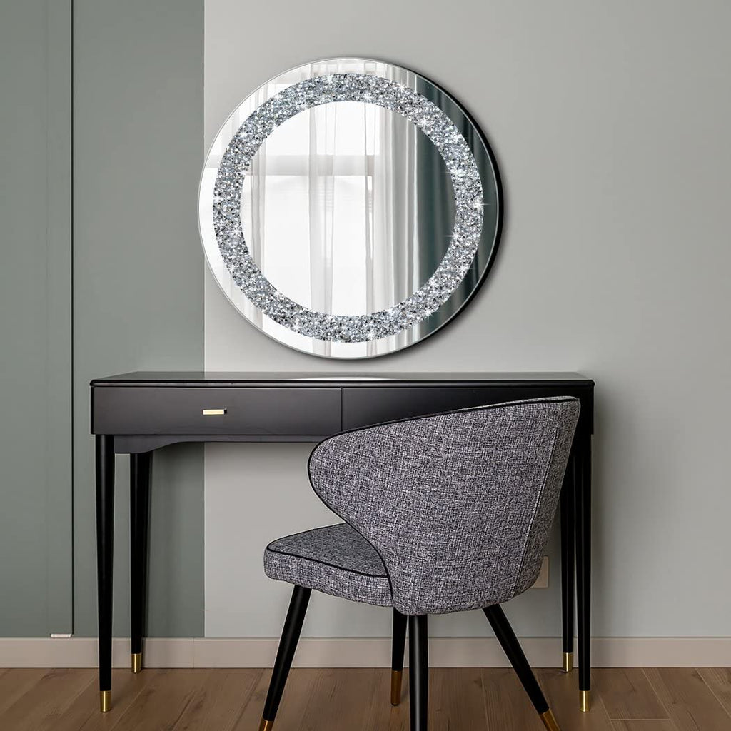 Crystal Crush Diamond Sparkly Round Silver Mirror for Wall Decoration 20x20x1 inch Wall Hang Frameless Bling Stylish