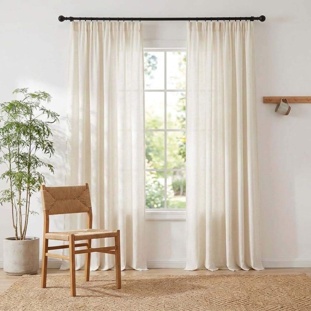 Natural Linen and polyester 102 inch Curtains, Back Tab & Rod Pocket with Pleat Tab Privacy Added with Light