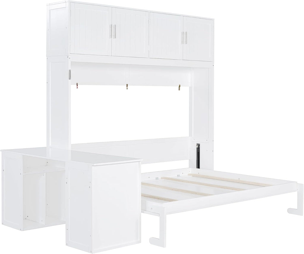 Queen Murphy Bed, Wooden Queen Wall Bed Frame with Desk and Storage Shelves and Big Cabinets, White