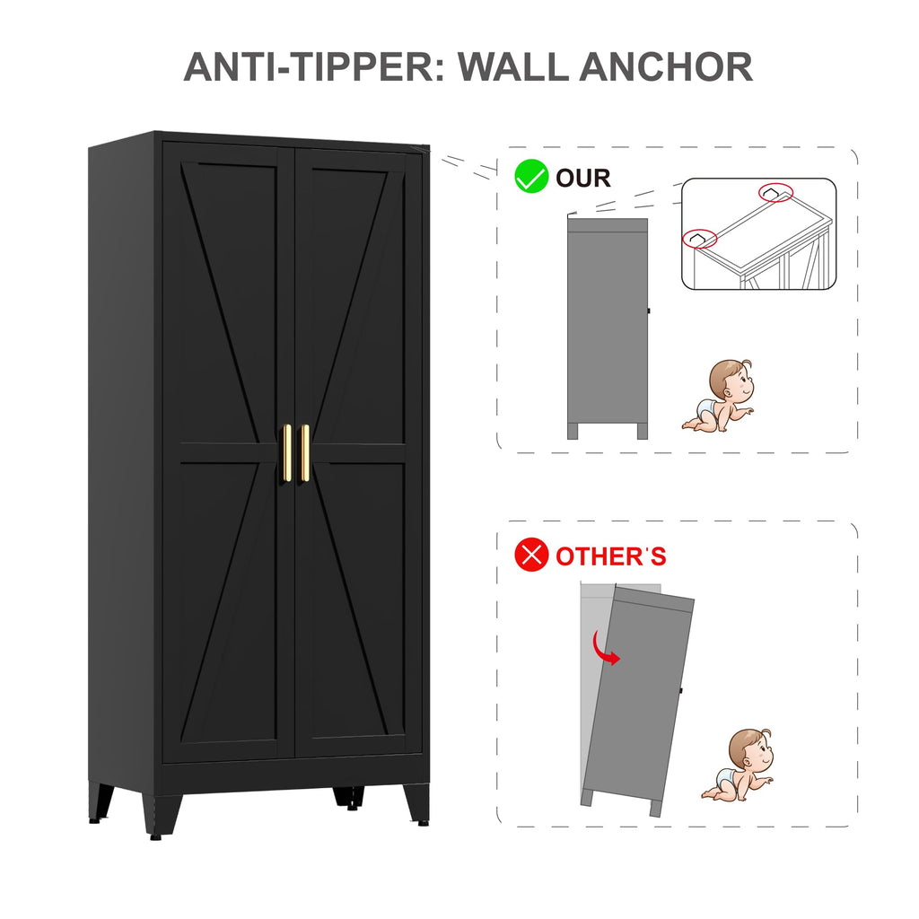 71" Tall Metal Wardrobe Closet with Adjustable Shelves and Hanging Rod, 2 Doors Office Storage Locker Cabinet