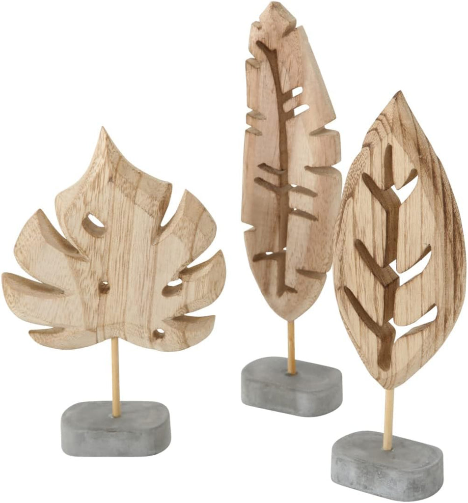 Modernist Leaf Figurines, Set of 3, Hand Carved, Solid Wood, Post Mounted, Grey Gallery Base, 7.75 Inches Each