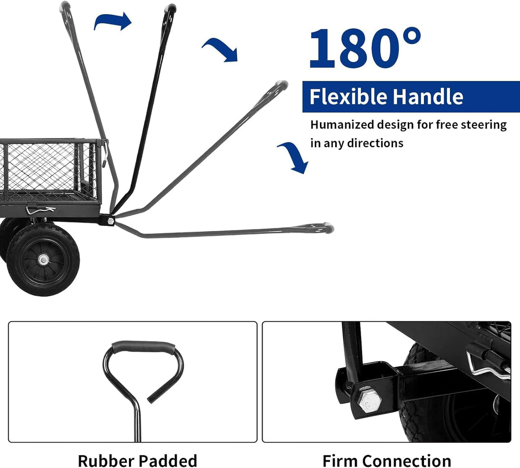 880 lbs 10" Tires Steel Garden Cart with 180° Rotating Handle and Removable Sides, Heavy Duty 4 Cu.Ft Capacity