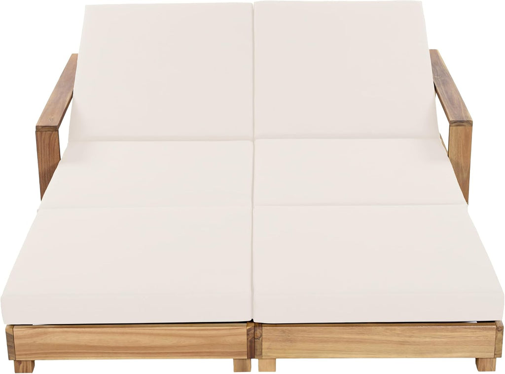 Acacia Wood Chaise Lounge Chair Outdoor, Spacious Double Outdoor Chaise Lounge with 3-Fold Cushions, 4 Position