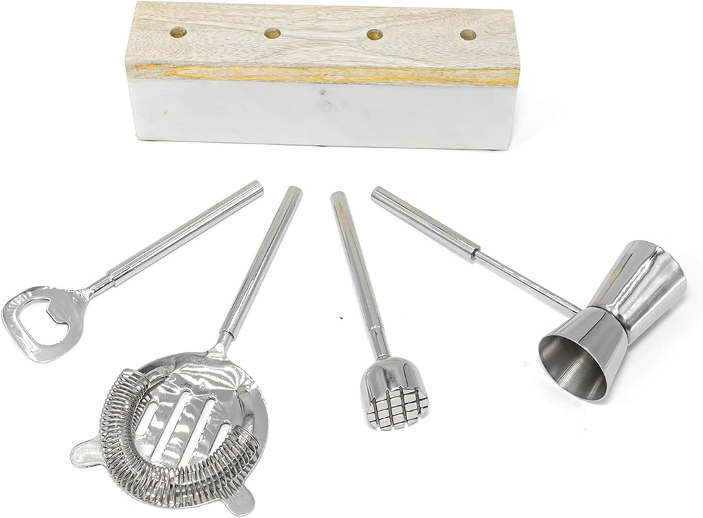 Mixology Bartender Kit | Bar Tool Set with Wood Base and Stainless Steel Frame | Perfect Home Bartending Kit for - Set of 4