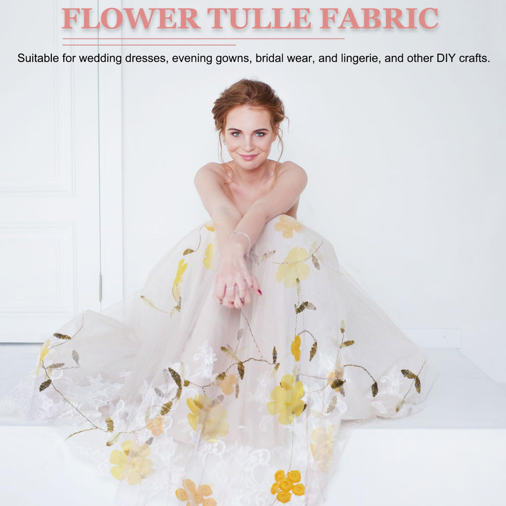 5 Yard Tulle Fabric 175"x51"3D Flower Embroidery Mesh Lace Fabric for DIY Handmade Clothing Wedding Dress Skirt Home