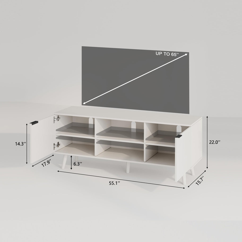 55 inch Fluted TV Stand with Storage, Mid Century Modern Entertainment Center with Adjustable Shelf, TV Table Stand