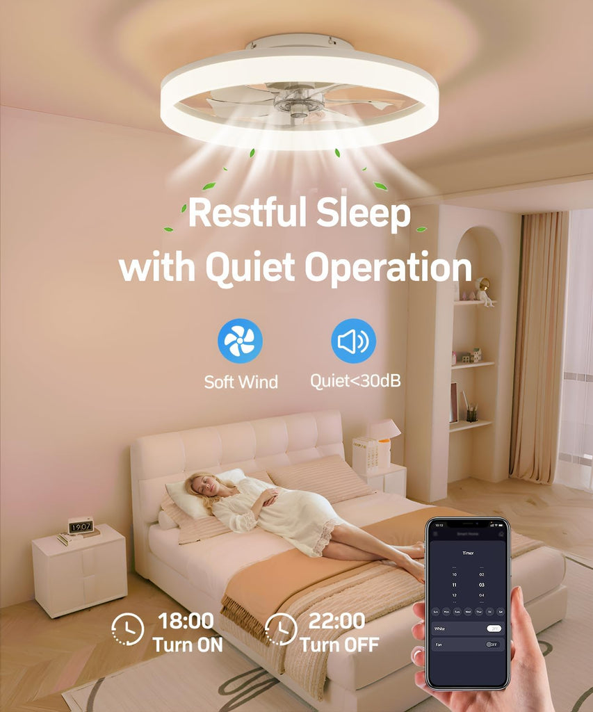 Smart Ceiling Fans with Light and Remote,20" Low Profile Ceiling Fan with 6-Speed & Dimmable LED