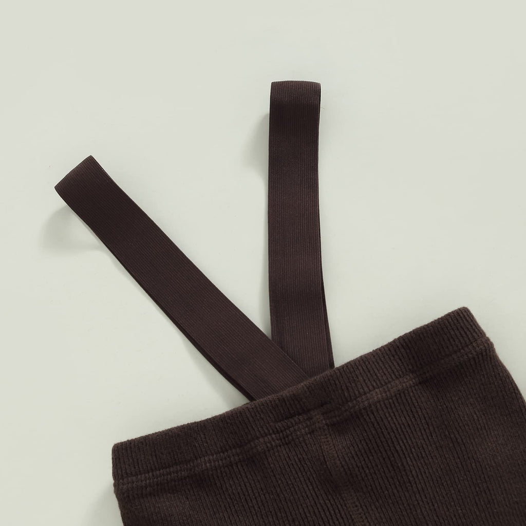 Girl Boy Suspender Tights Pantyhose Ribbed Knit Leggings Stockings Solid Color High Waist Cute Footed Pants (B-Brown