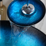 Bathroom Tempered Glass Vessel Sink Black & Blue Round Wash Basin Bowl Waterfall Mixer Chrome Brass Faucets Pop-up