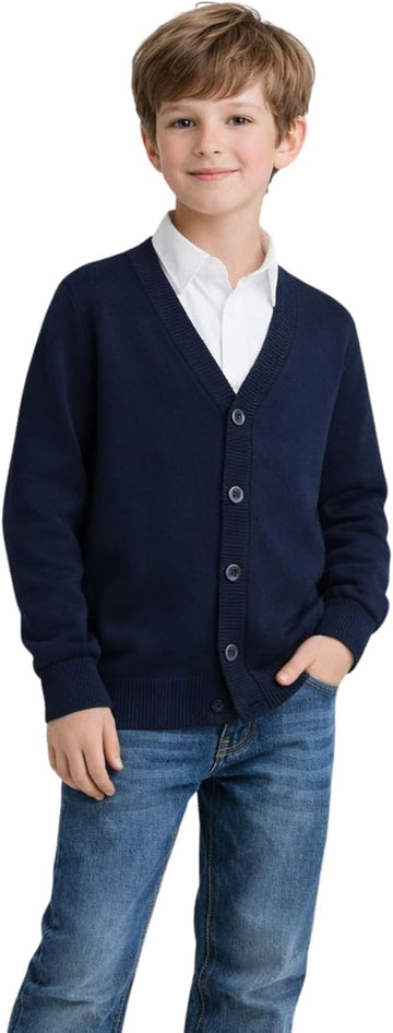 Kids Boy Girl School Uniform Cardigan Sweaters V-Neck Basic Solid Button Knitted Cardigan