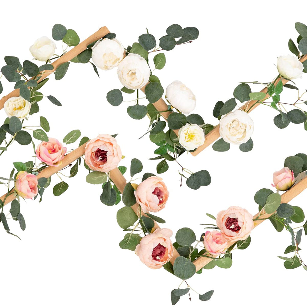 2 Pack Artificial Flower Garlands 11.2FT Eucalyptus Garlands with Flowers 8 Head Peony Flower Vine Faux Floral