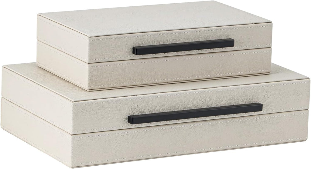 Beige Shagreen Decorative Storage Boxes with Black Metal Handles -Faux Leather Large Modern Stackable - Set of 2