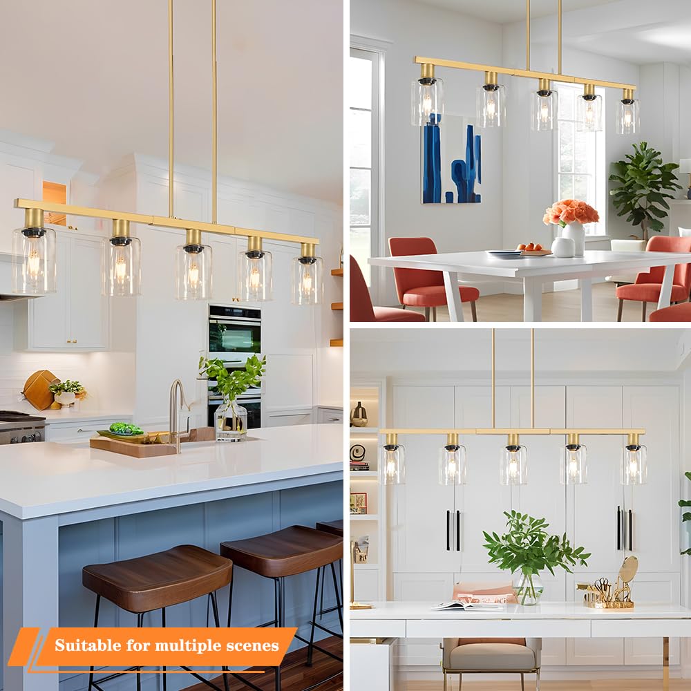 5-Light Kitchen Island Lighting Gold Adjustable Chandelier, Farmhouse Dining Room Light Fixtures Over Table, Height