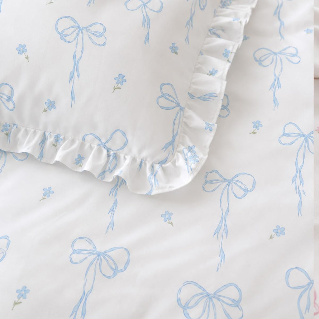Ruffle Comforter Set, White Comforter Set with Blue Bow