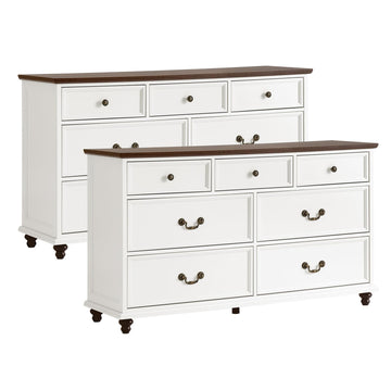 Farmhouse 7 Drawers Sets of 2, White 54 Inch Wide Chest of Drawers w/ 4 Wooden Legs, Large Vintage Rustic Closet