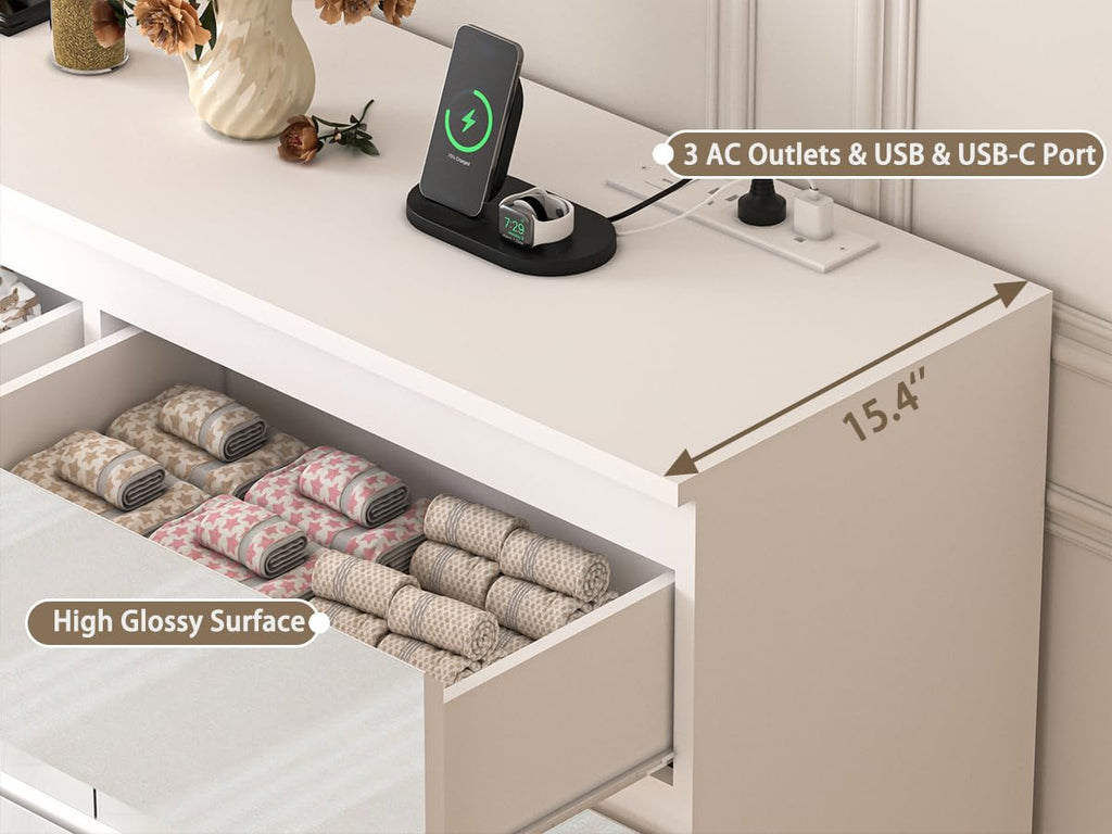 70 INCH 9 Drawers Dresser with Power Outlet, Wide High Gloss Chest of Drawers Large, Modern Storage Drawer Dresser