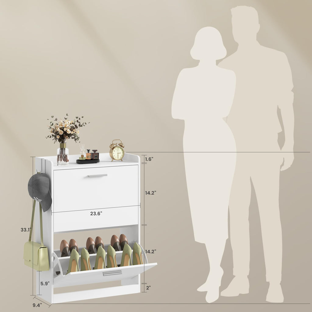 Shoe Storage Cabinet with 2 Flip Drawers, 23.6" W White
