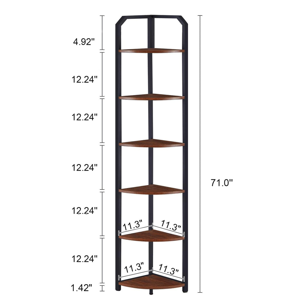 6‐Tier Corner Shelf, 71" Tall Narrow Corner Bookshelf, Brown
