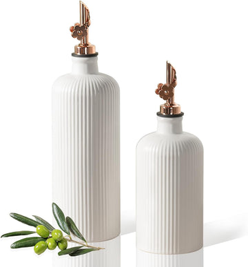 Olive Oil Dispenser Bottle (22 Oz + 14 Oz) - Porcelain Oil and Vinegar Bottles with Stainless Steel Spout - Set of 2