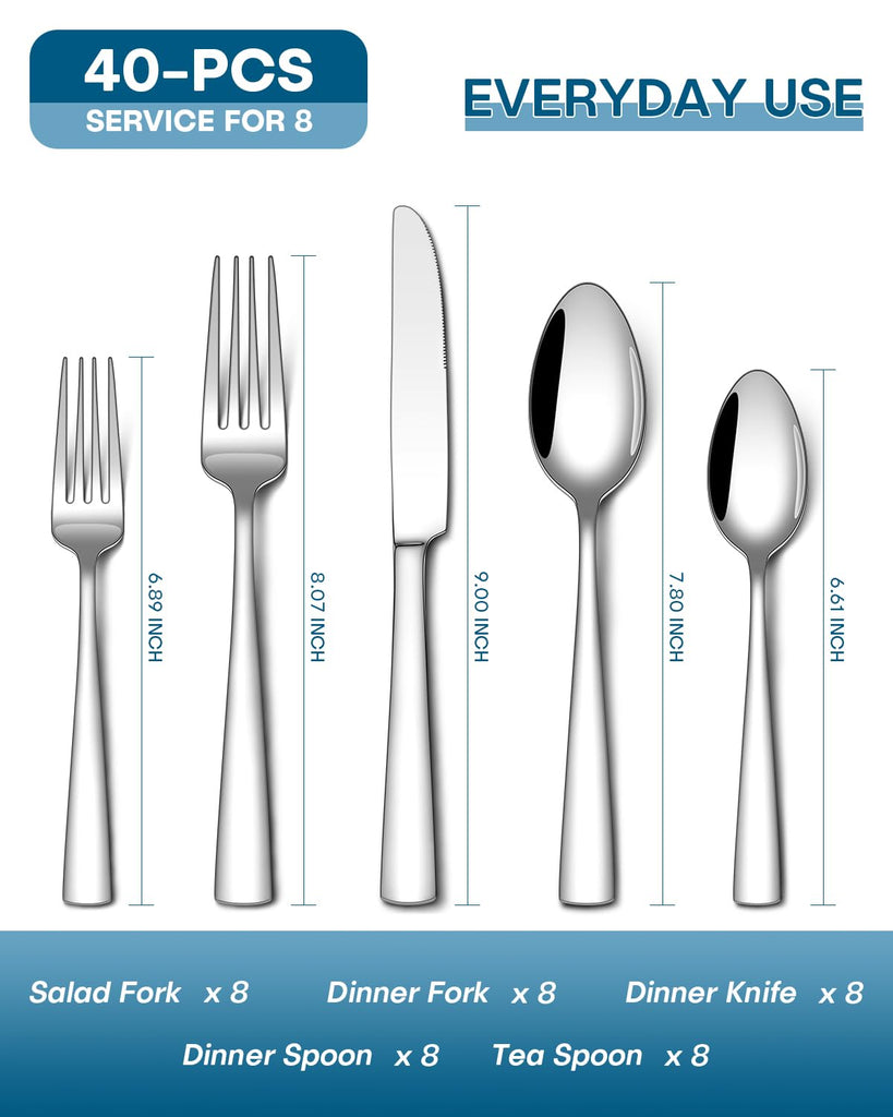 40 Piece Silverware Set, Food-Grade Stainless Steel Flatware Sets for 8 Mirror Polished Cutlery Utensil Sets Include