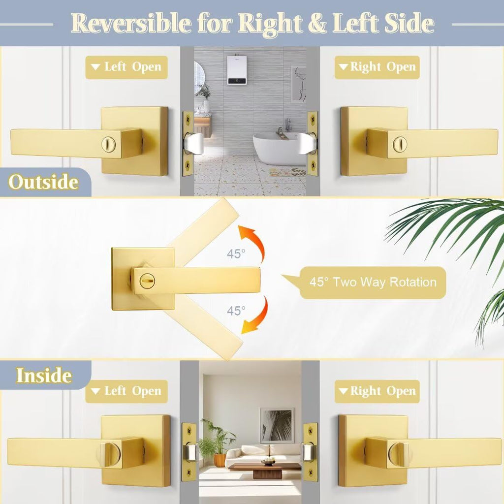 3 Pack Gold Privacy Door Handles Interior, Square Brushed Gold Door Handles , Reversible Door Lock Without Key