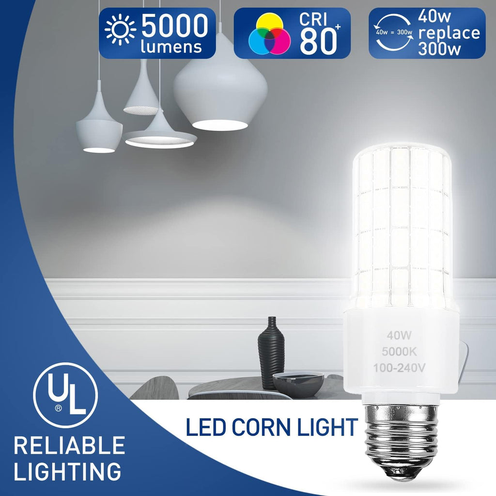 ZP 40W Led Light Bulb 300W Equivalent 5000 Lumen 5000K Daylight White A19 Bulbs, E26/E27 Base Corn Waterproof