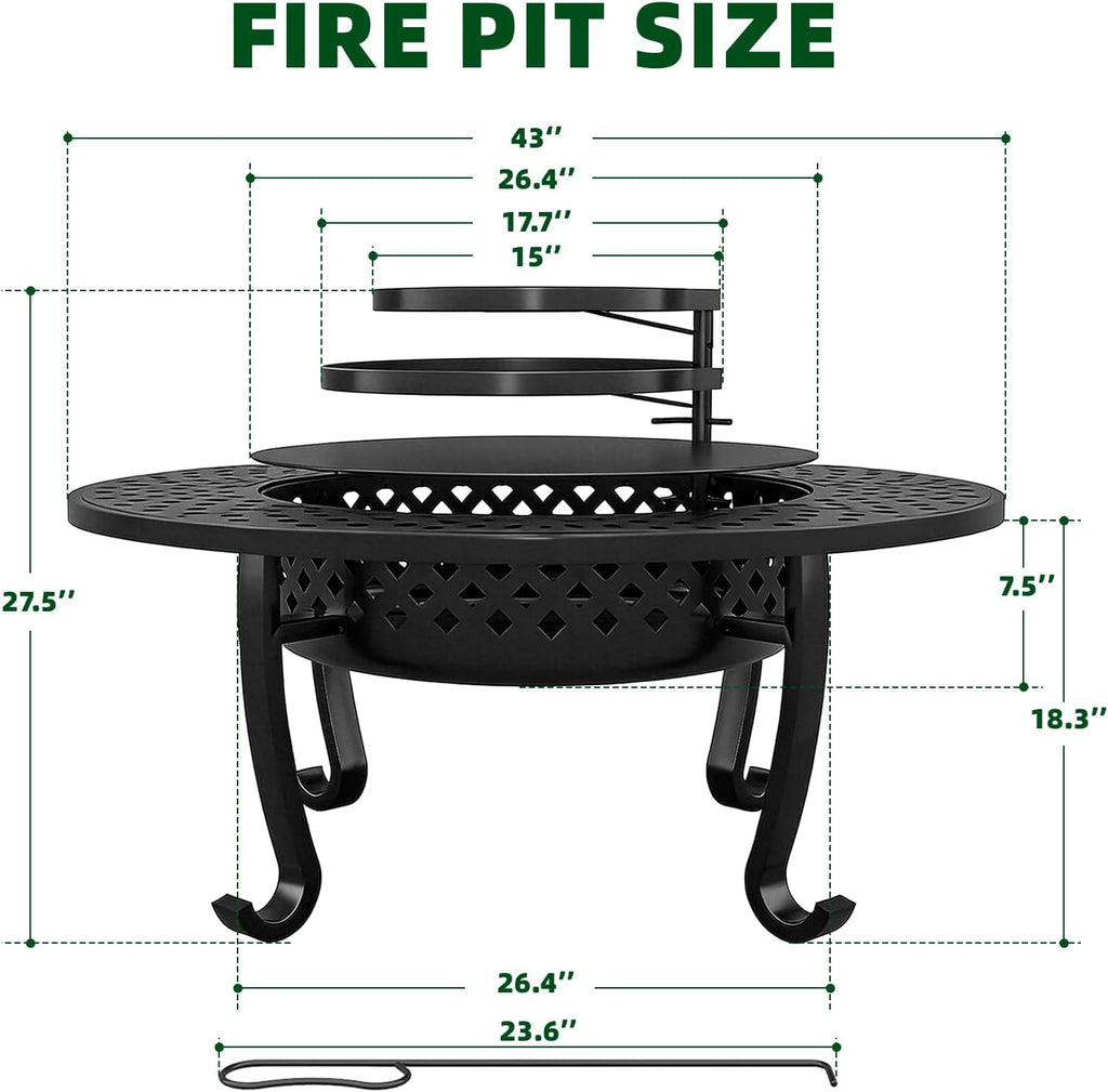 43 Inch Fire Pit with 2 Grill, Outdoor Wood Burning Firepit with Lid, Metal Round Table