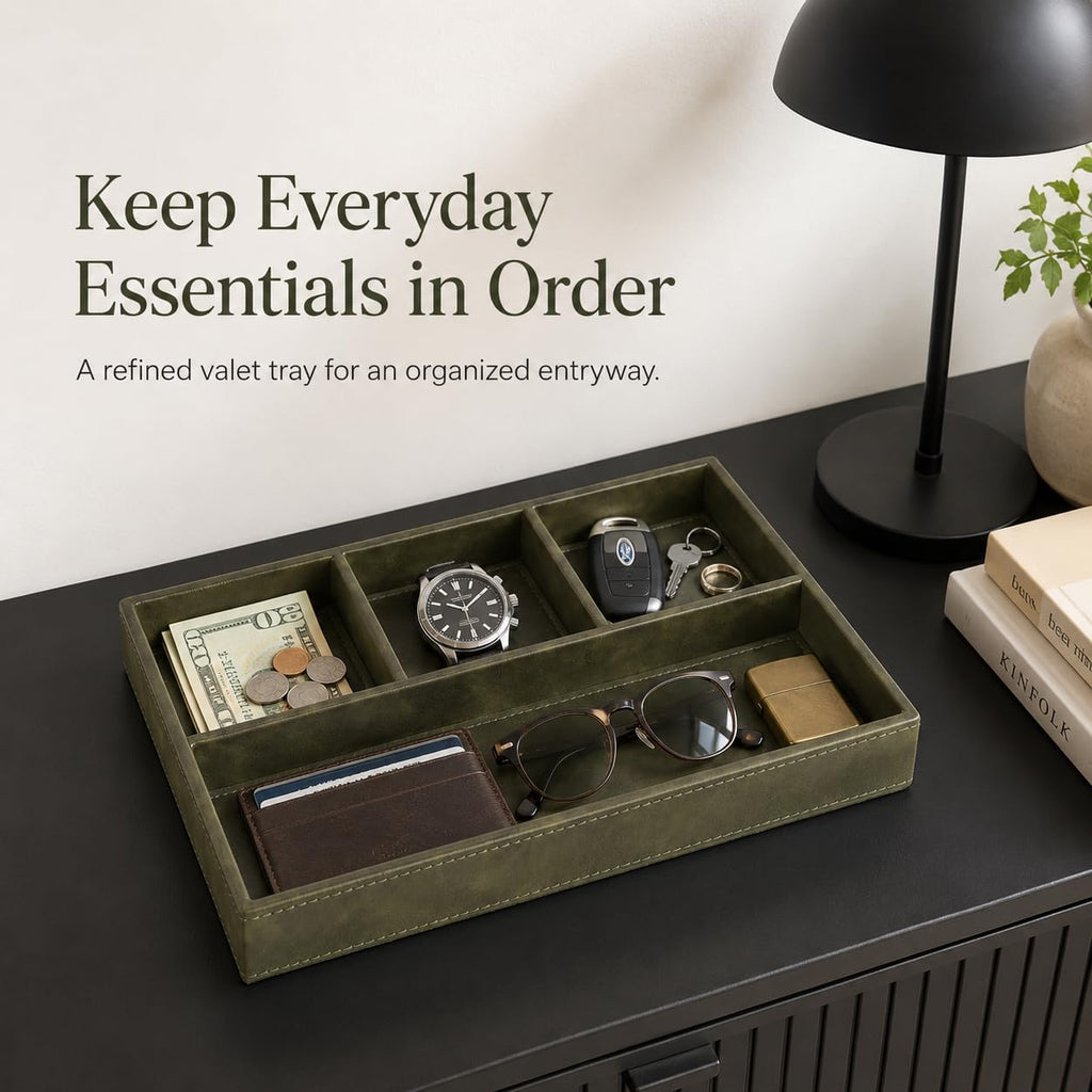 Valet Tray for Men, Leather Tray EDC Desk Organizer, Olive Green