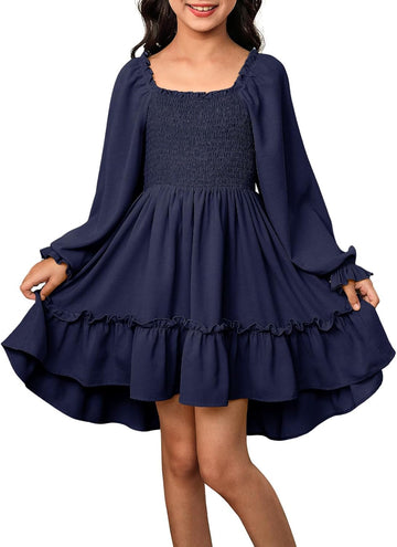 Girls Long Sleeve High-Low Hem Dress Fall Boho Ruffle Casual