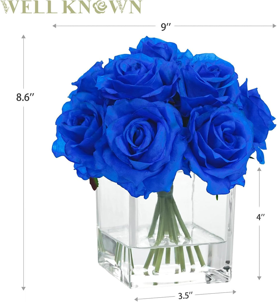 Artificial Royal Blue Rose Flowers in Cube Vase with Faux Water