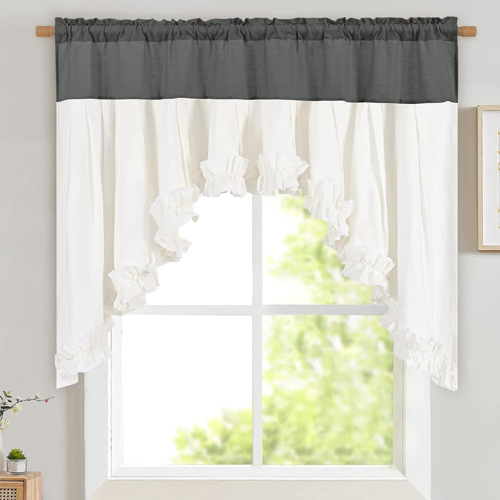 Grey and White linen ruffle swag valance 60W x 36L - Casa Home Living